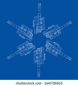 A industral robots manipulators. Blueprint style. Vector rendering from 3D model