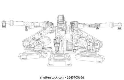 A industral robots manipulators. Blueprint style. Vector rendering from 3D model