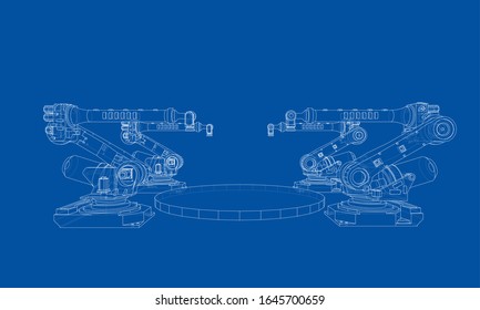 A industral robots manipulators. Blueprint style. Vector rendering from 3D model