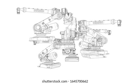 A industral robots manipulators. Blueprint style. Vector rendering from 3D model