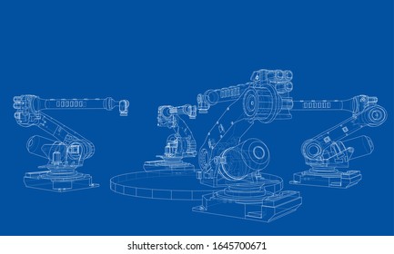 A industral robots manipulators. Blueprint style. Vector rendering from 3D model