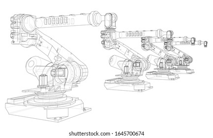 A industral robots manipulators. Blueprint style. Vector rendering from 3D model