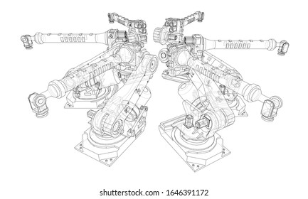 A industral robots manipulators. Blueprint style. Vector rendering from 3D model