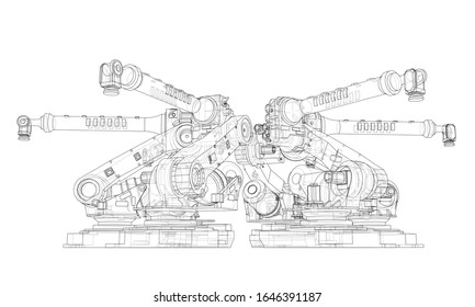 A industral robots manipulators. Blueprint style. Vector rendering from 3D model