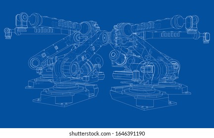 A industral robots manipulators. Blueprint style. Vector rendering from 3D model