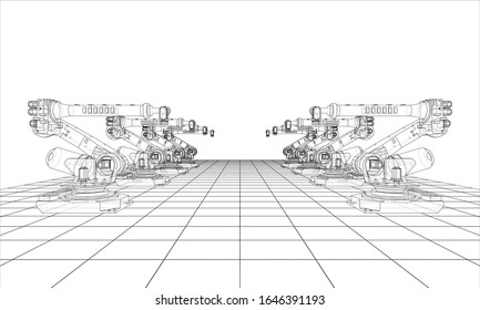 A industral robots manipulators. Blueprint style. Vector rendering from 3D model