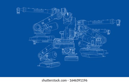 A industral robots manipulators. Blueprint style. Vector rendering from 3D model