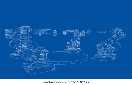 A industral robots manipulators. Blueprint style. Vector rendering from 3D model