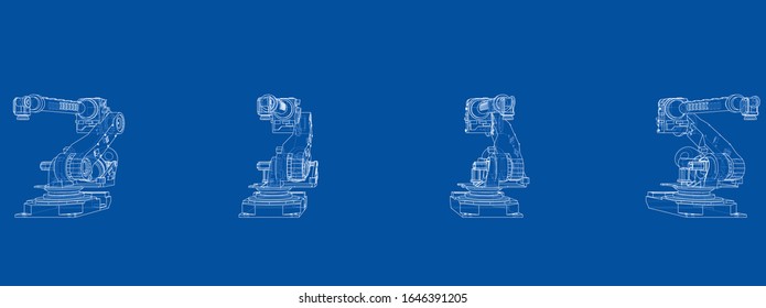 A industral robots manipulators. Blueprint style. Vector rendering from 3D model