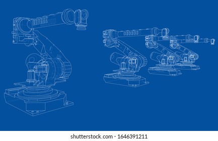 A industral robots manipulators. Blueprint style. Vector rendering from 3D model