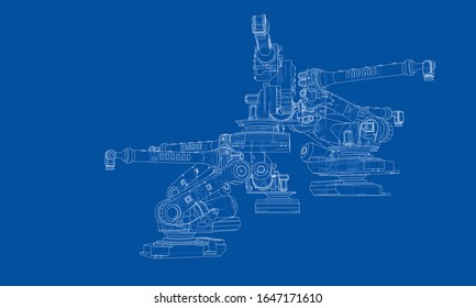 A industral robots manipulators. Blueprint style. Vector rendering from 3D model