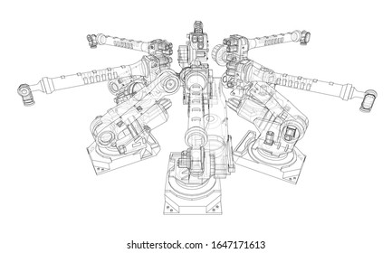 A industral robots manipulators. Blueprint style. Vector rendering from 3D model