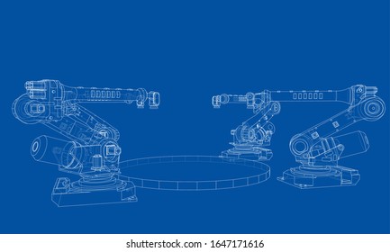 A industral robots manipulators. Blueprint style. Vector rendering from 3D model