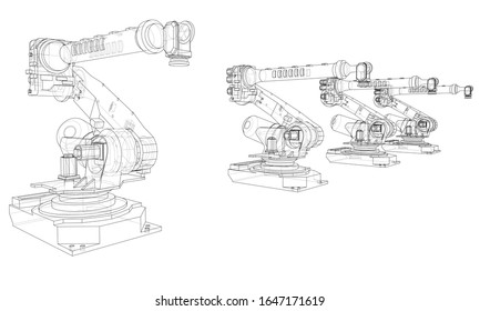 A industral robots manipulators. Blueprint style. Vector rendering from 3D model