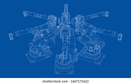 A industral robots manipulators. Blueprint style. Vector rendering from 3D model