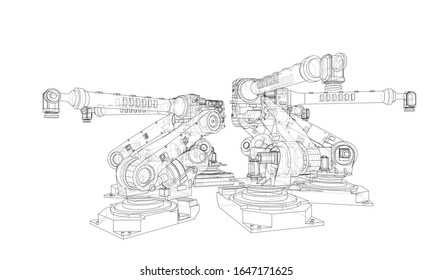 A industral robots manipulators. Blueprint style. Vector rendering from 3D model