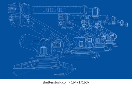 A industral robots manipulators. Blueprint style. Vector rendering from 3D model