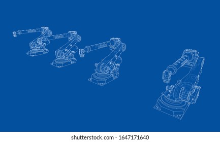 A industral robots manipulators. Blueprint style. Vector rendering from 3D model