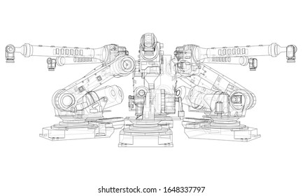 A industral robots manipulators. Blueprint style. Vector rendering from 3D model