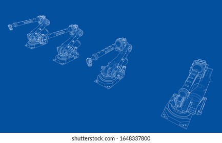 A industral robots manipulators. Blueprint style. Vector rendering from 3D model