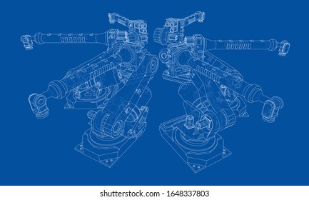 A industral robots manipulators. Blueprint style. Vector rendering from 3D model