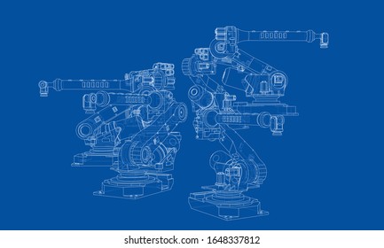 A industral robots manipulators. Blueprint style. Vector rendering from 3D model