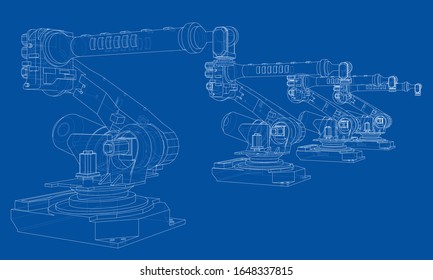 A industral robots manipulators. Blueprint style. Vector rendering from 3D model