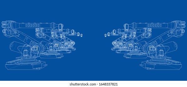 A industral robots manipulators. Blueprint style. Vector rendering from 3D model