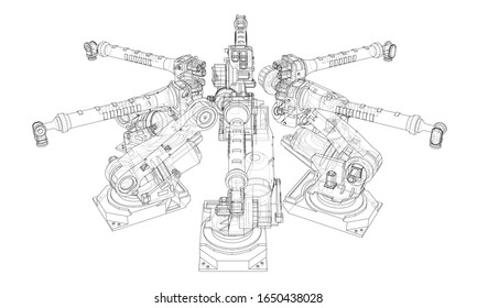 A industral robots manipulators. Blueprint style. Vector rendering from 3D model