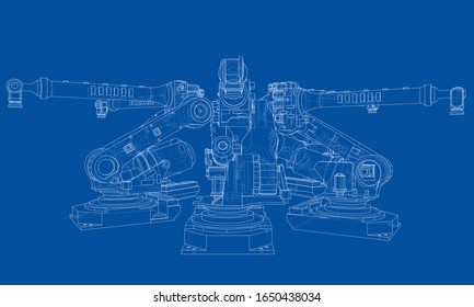 A industral robots manipulators. Blueprint style. Vector rendering from 3D model