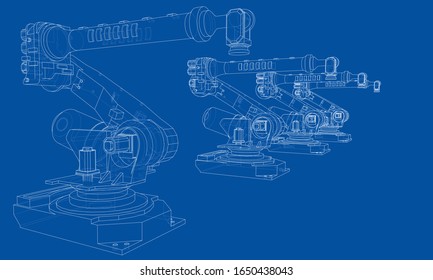 A industral robots manipulators. Blueprint style. Vector rendering from 3D model