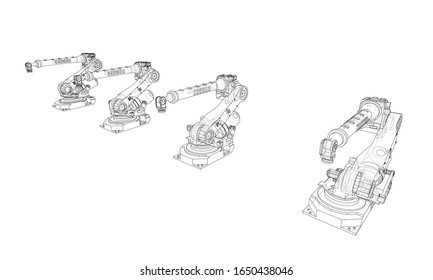 A industral robots manipulators. Blueprint style. Vector rendering from 3D model