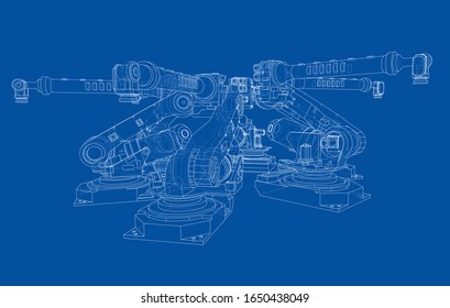 A industral robots manipulators. Blueprint style. Vector rendering from 3D model