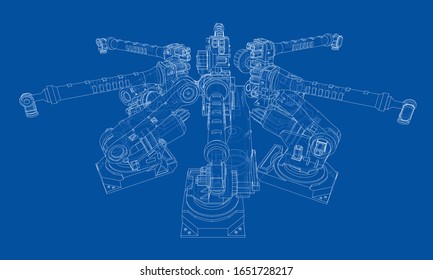 A industral robots manipulators. Blueprint style. Vector rendering from 3D model