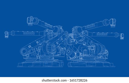 A industral robots manipulators. Blueprint style. Vector rendering from 3D model