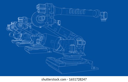 A industral robots manipulators. Blueprint style. Vector rendering from 3D model