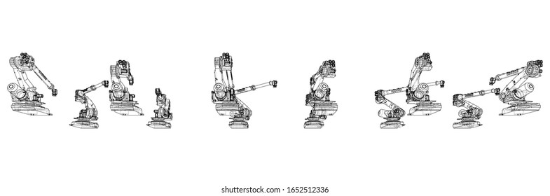 A industral robots manipulators. Blueprint style. Vector rendering from 3D model