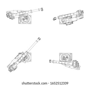 A industral robots manipulators. Blueprint style. Vector rendering from 3D model