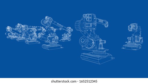 A industral robots manipulators. Blueprint style. Vector rendering from 3D model