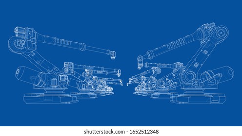 A industral robots manipulators. Blueprint style. Vector rendering from 3D model