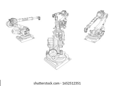 A industral robots manipulators. Blueprint style. Vector rendering from 3D model