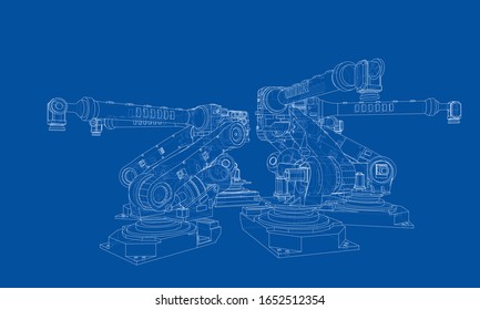 A industral robots manipulators. Blueprint style. Vector rendering from 3D model