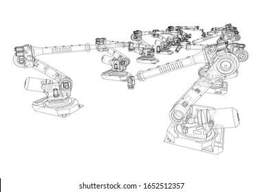 A industral robots manipulators. Blueprint style. Vector rendering from 3D model