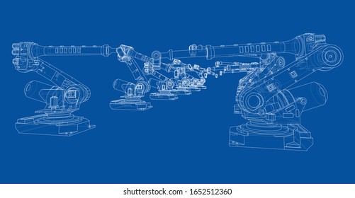 A industral robots manipulators. Blueprint style. Vector rendering from 3D model