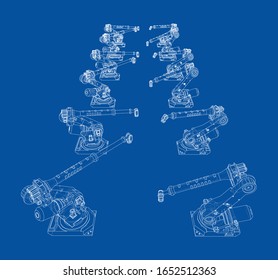 A industral robots manipulators. Blueprint style. Vector rendering from 3D model