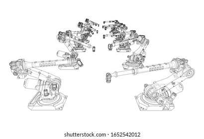 A industral robots manipulators. Blueprint style. Vector rendering from 3D model