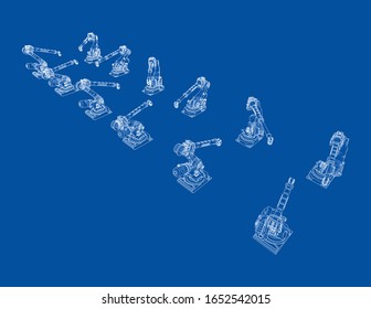 A industral robots manipulators. Blueprint style. Vector rendering from 3D model