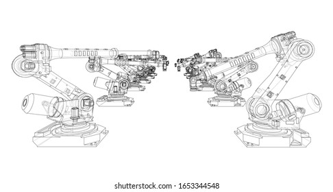 A industral robots manipulators. Blueprint style. Vector rendering from 3D model