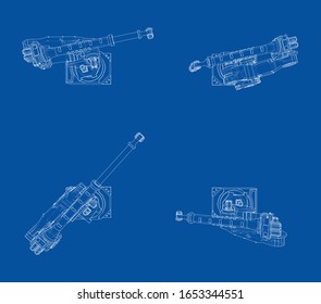 A industral robots manipulators. Blueprint style. Vector rendering from 3D model