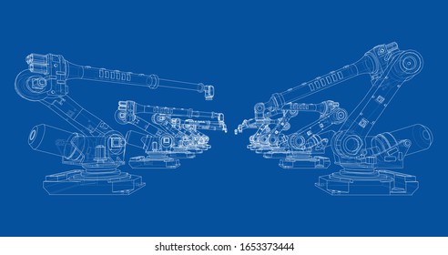 A industral robots manipulators. Blueprint style. Vector rendering from 3D model